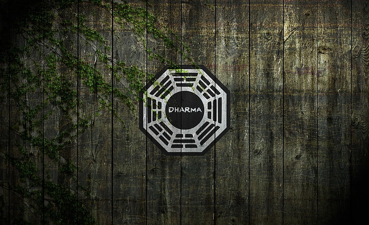 Wooden Fence, octagonal gray Dharma logo, Aero, Creative, no people, HD wallpaper