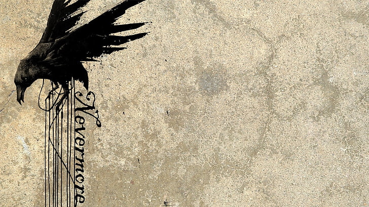 black crow and nevermore text wall art, raven, birds, grunge, HD wallpaper