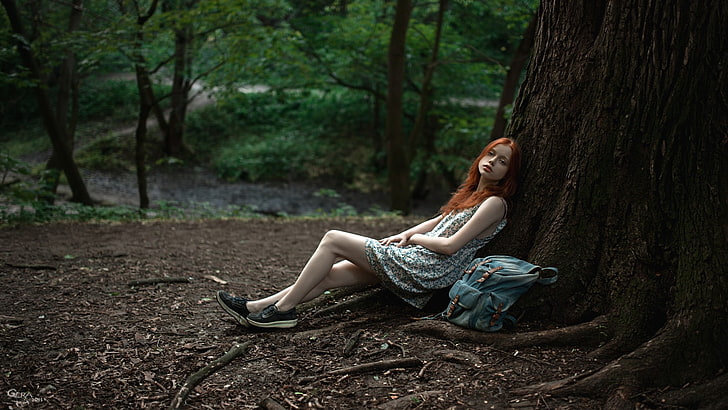 woman in white sleeveless dress sitting on tree near forest, Georgy Chernyadyev