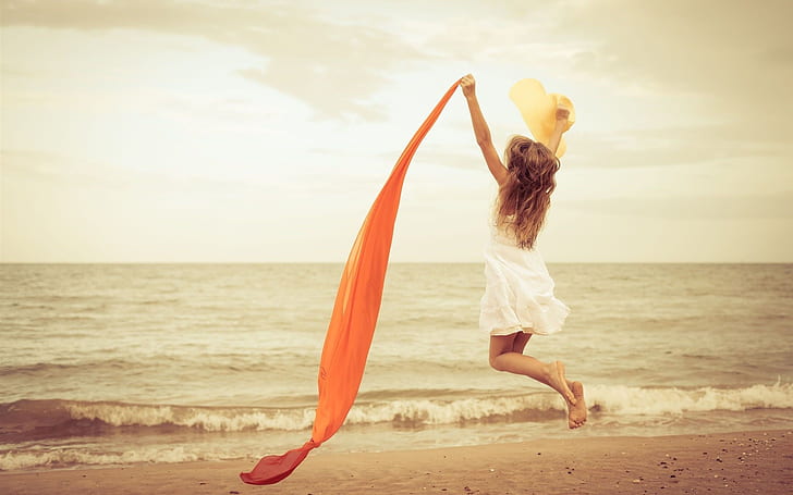 Happy girl jump, mood, white dress, red ribbon, beach, sea, HD wallpaper
