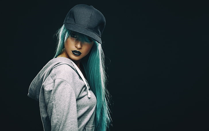 hat, long hair, women, model, makeup, studio shot, black background