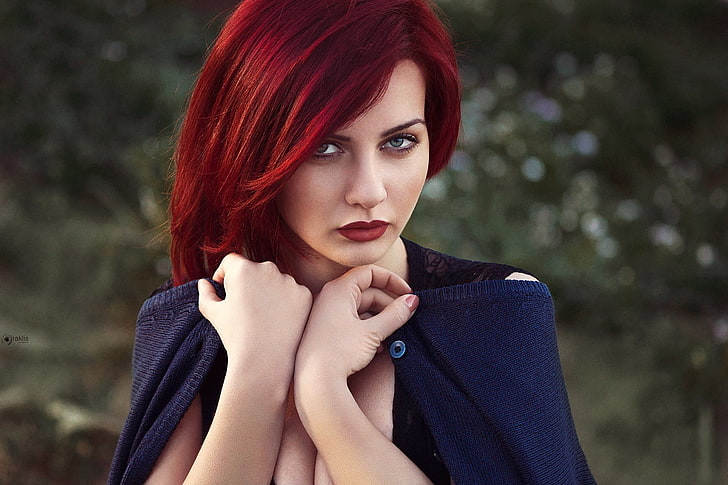 women's black sleeveless top, model, redhead, green eyes, red lipstick, HD wallpaper