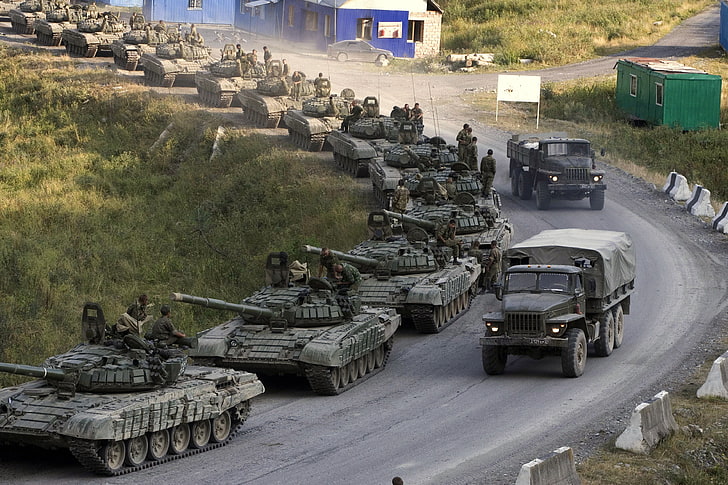 green battle tanks, road, trucks, war, The Caucasus, T-72, a column of tanks