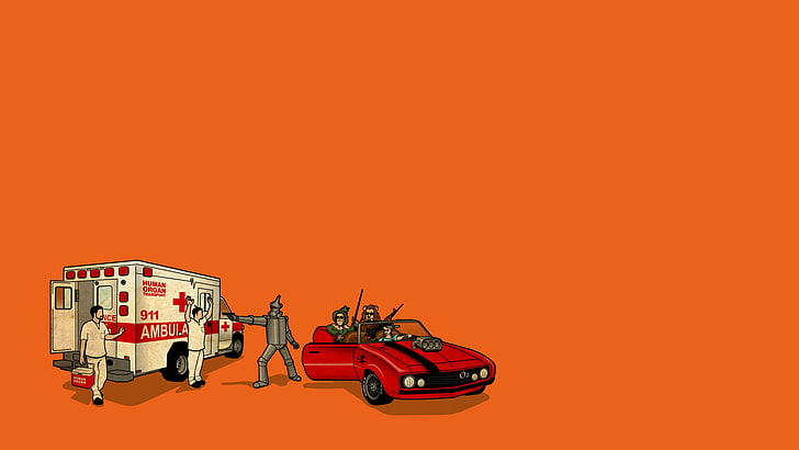 The Wizard of Oz, ambulances, robot, humor, orange background, HD wallpaper