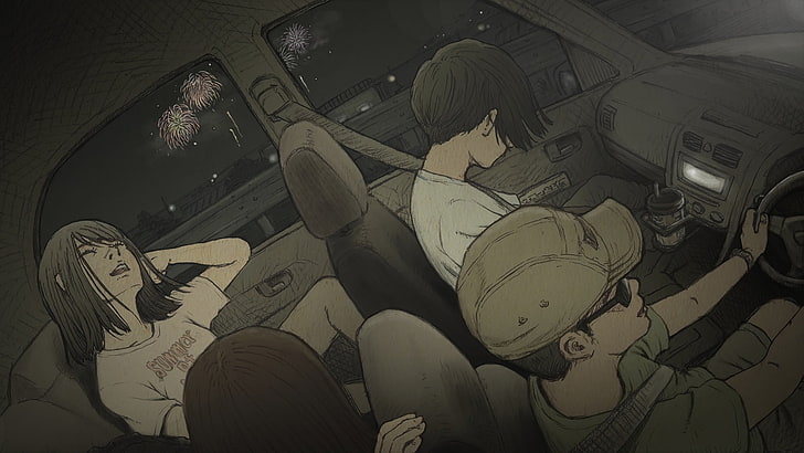 manga, fireworks, vehicle interiors, car interior, brown, sleeping
