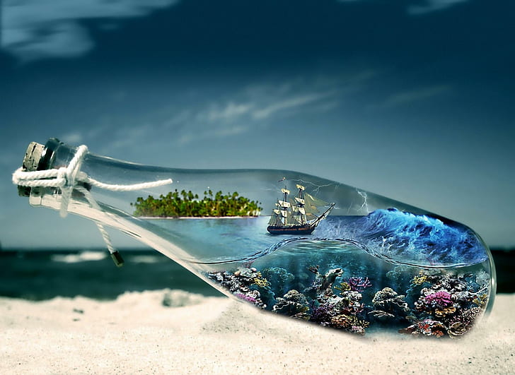 Vision In A Bottle, island, nature, shore, beach, ship, capture