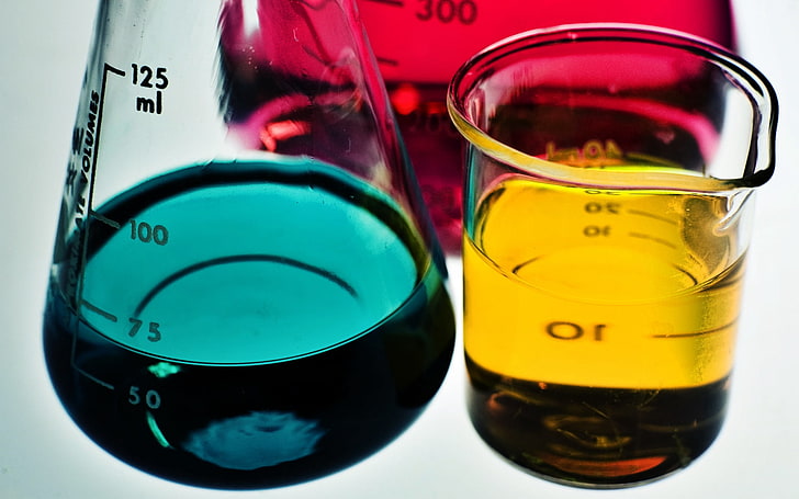clear measuring glasses, bottle, flask, fluid, chemistry, science