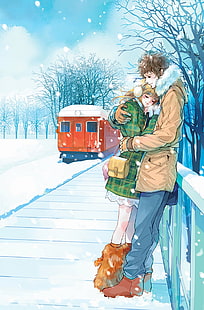 HD wallpaper: anime, couple, cute, love, pretty, red, romantic, snow, train  | Wallpaper Flare