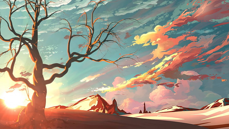 illustration of desert, animations, nature, sky, sunset, tree, HD wallpaper