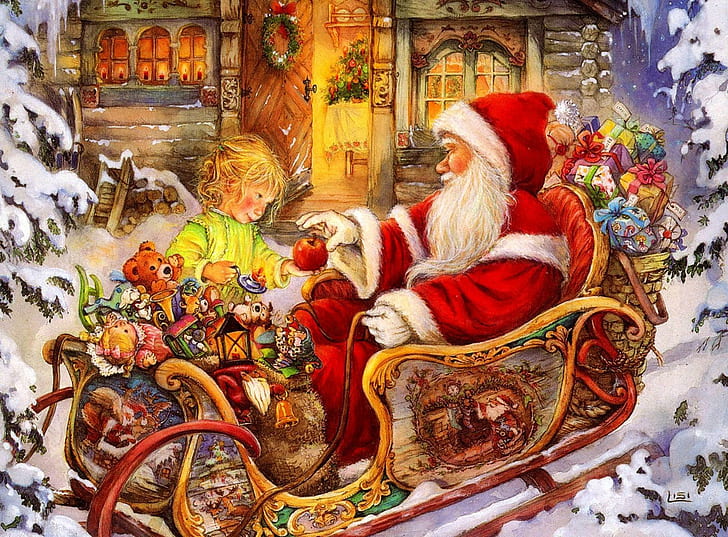 santa claus, sleigh, baby, apple, gifts, holiday, christmas