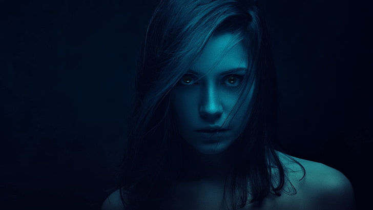 blue, dark, face, simple background, portrait, women, long hair