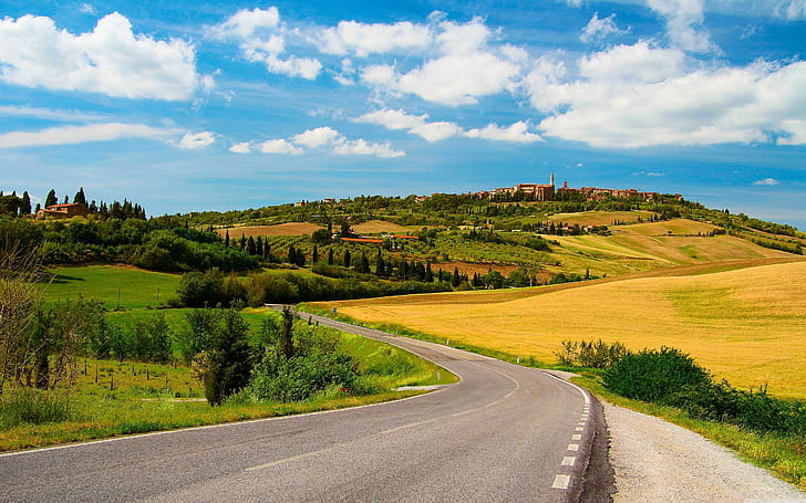 Sunny day country road, landscape, nature, HD wallpaper