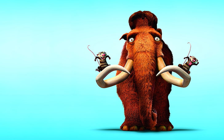 Ice Age movie poster, look, blue background, mammoth, rodents