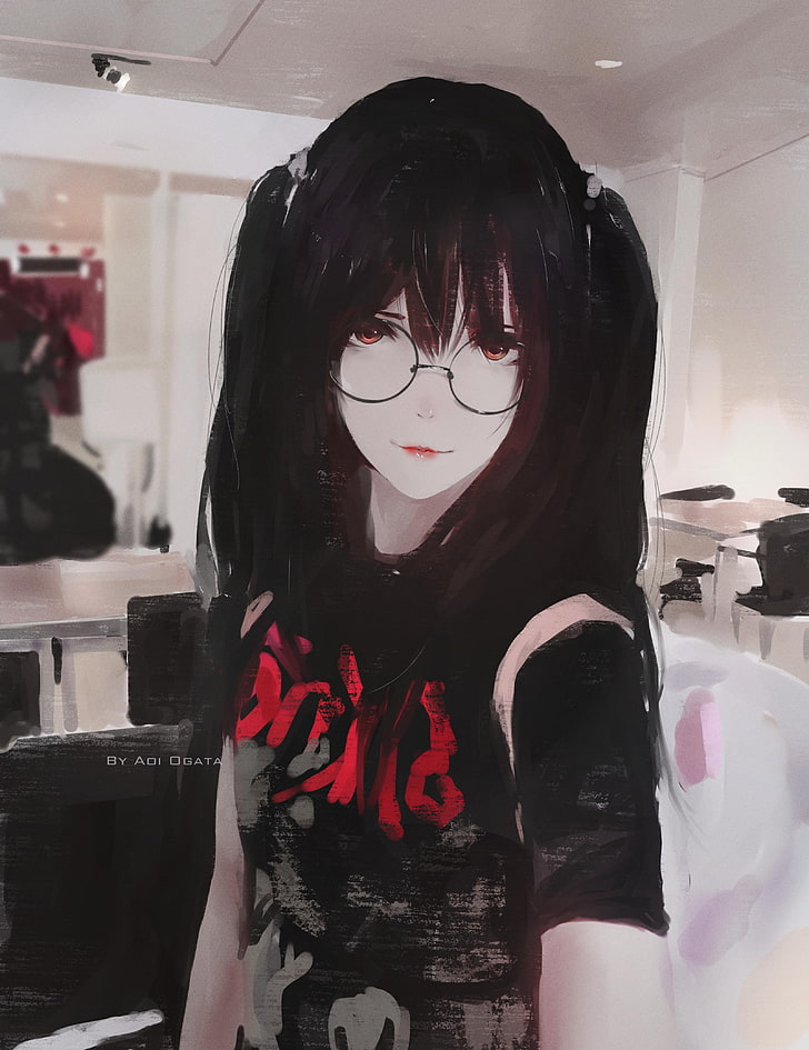 HD wallpaper: anime girl, semi realistic, meganekko, black hair, painting |  Wallpaper Flare