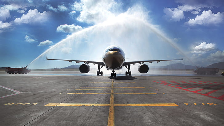 Airbus A330 passenger aircraft, watering, airport, black airplane, HD wallpaper