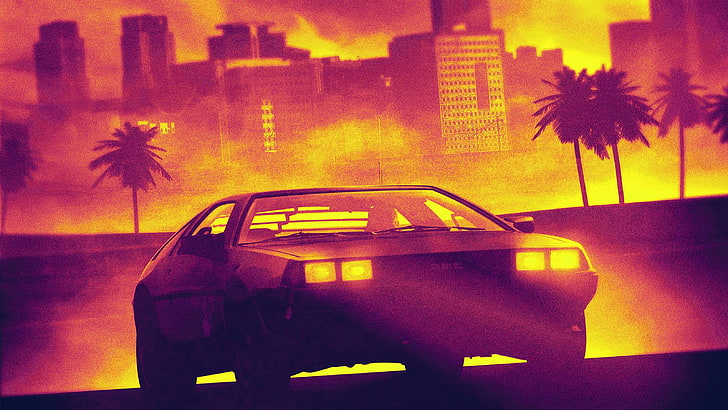 gray coupe illustration, Retrowave, car, old car, palm trees
