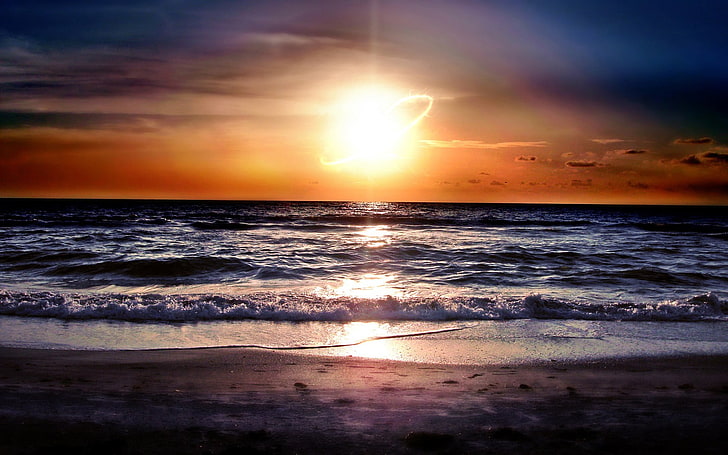 sunset, beach, sea, waves, sky, horizon, water, scenics - nature, HD wallpaper