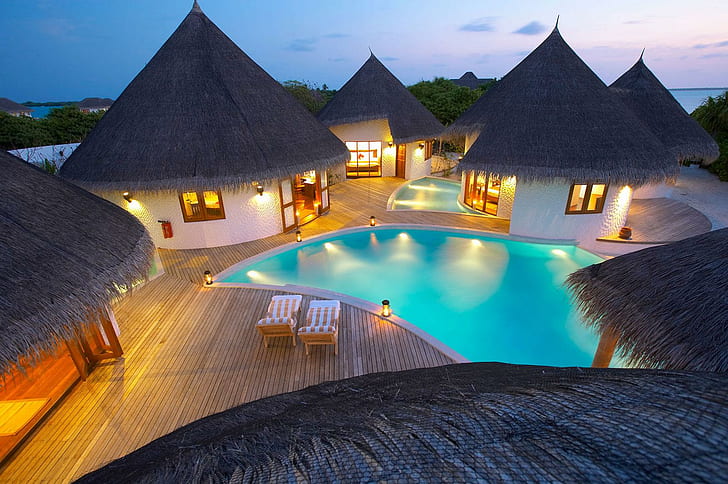 Luxury Resort, pool, holiday, night, island, hotel, tropical, HD wallpaper