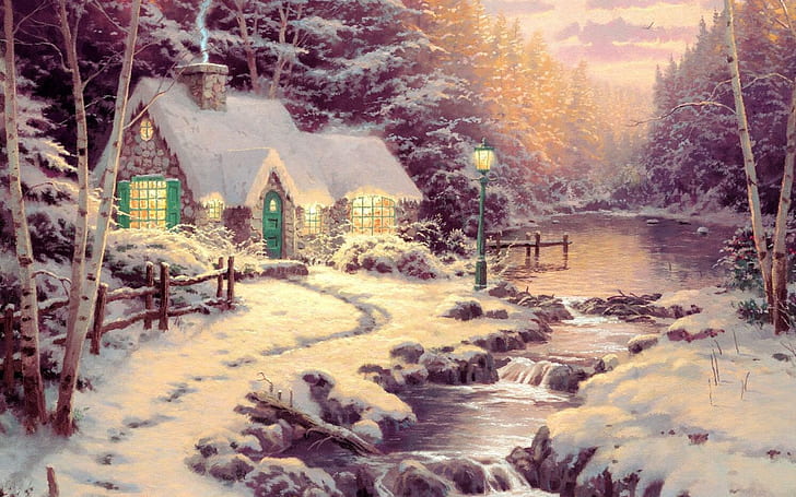 winter, forest, river, picture, ate, painting, cottage, birch