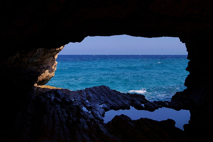 landscape, sea, cave, water, rock, rock - object, rock formation, HD wallpaper