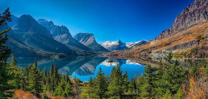 trees, mountains, lake, reflection, Montana, Glacier National Park, HD wallpaper
