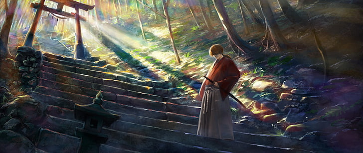 ultra-wide, Rurouni Kenshin, anime boys, one person, staircase