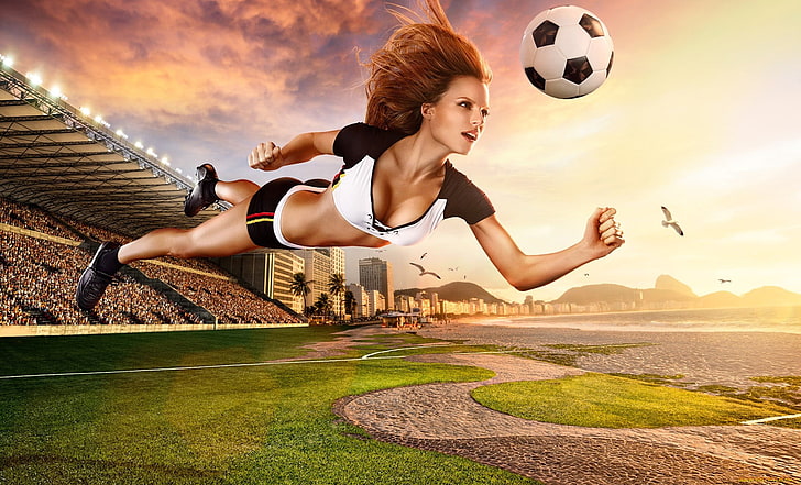 diving woman illustration with soccer ball, digital art, women, HD wallpaper