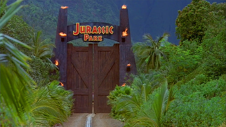 Jurassic Park movie poster, movies, plant, text, communication