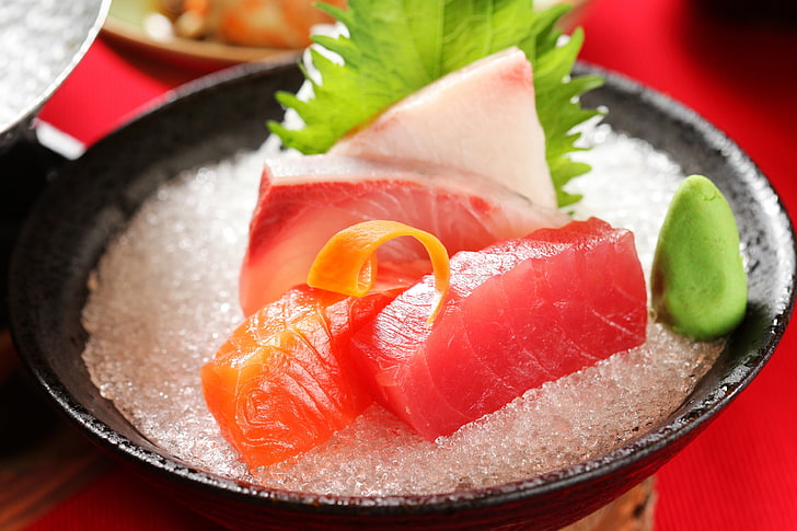wasabi paste, salmon, and tuna sushi, fish, salt, food, freshness, HD wallpaper