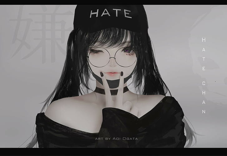 Aoi Ogata, black hair, Asian, women, anime girls, glasses, painted nails, HD wallpaper