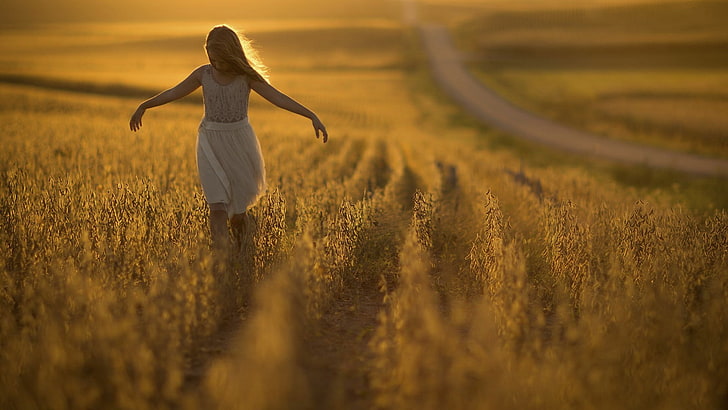 blonde, depth of field, Nebraska, road, Jake Olson, white dress, HD wallpaper