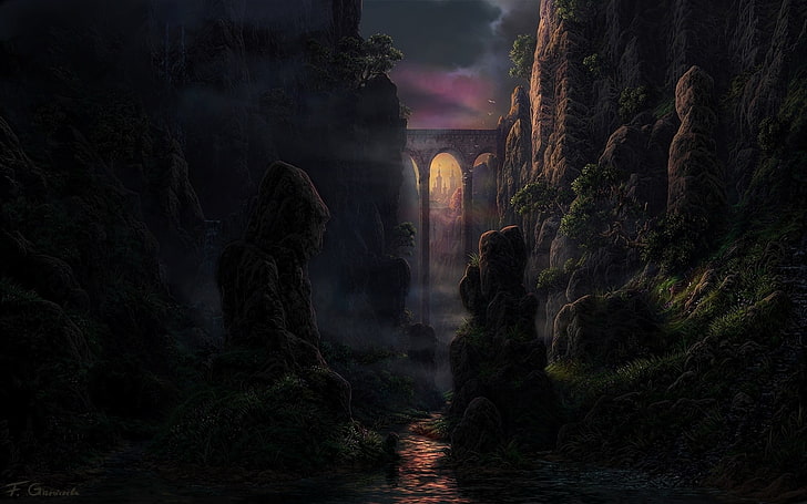 body of water and mountain, fantasy art, rock, architecture, built structure