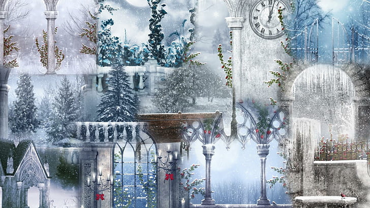 Winter Lights Collage, windows, firefox persona, clock, christmas, HD wallpaper