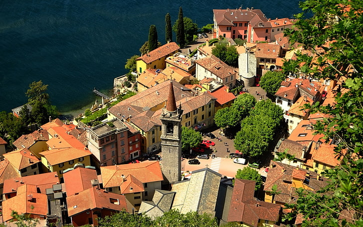 aerial view, rooftops, town, cityscape, Italy, Lake Como, architecture