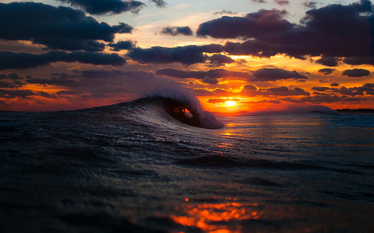 waves, sea, sunset, sky, sunlight, nature, cloud - sky, water, HD wallpaper