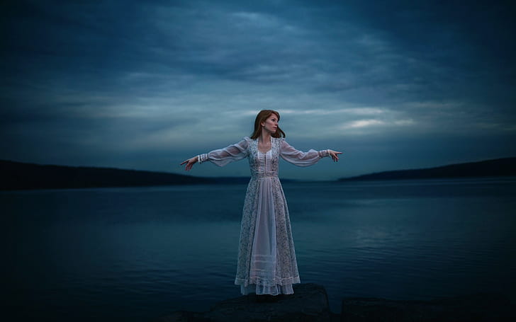 Lonely girl, lake, white dress, night, women's white and gray long sleeve dress, HD wallpaper