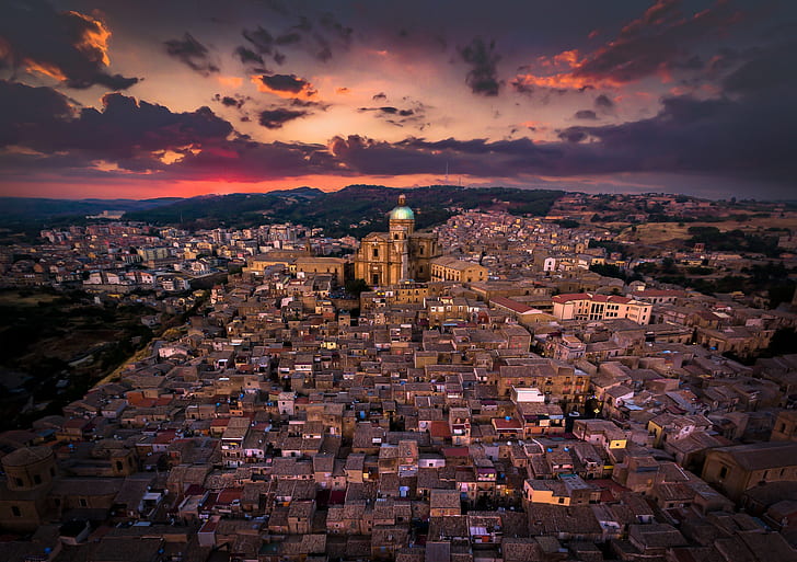 aerial view, Sicily, town, Piazza Armerina, cathedral