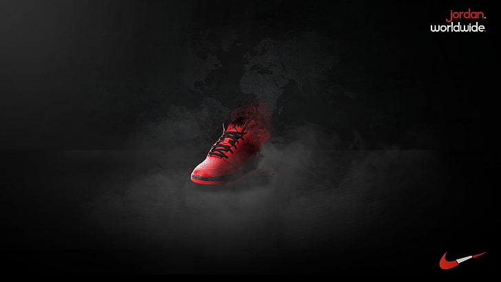 unpaired red and black Nike Air Jordan basketball shoe, digital art, HD wallpaper