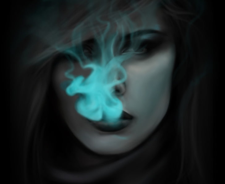 person smoking blue smoke painting, artwork, face, brunette, portrait