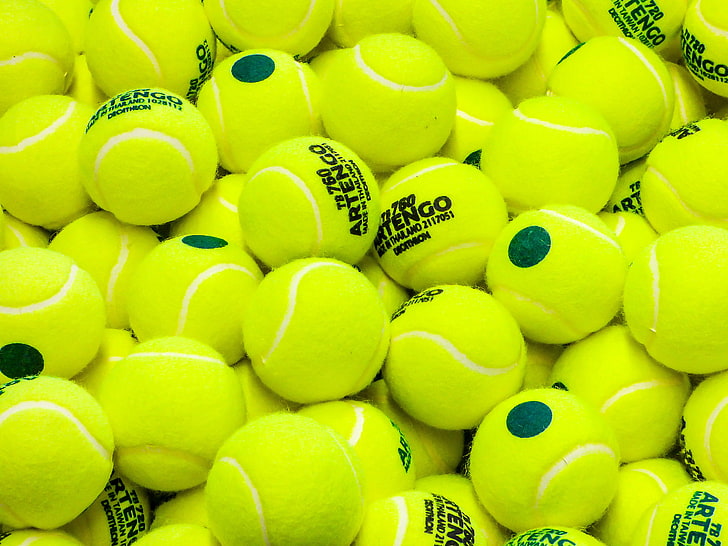 green tennis ball lot, balls, sport, lime green, yellow, racket