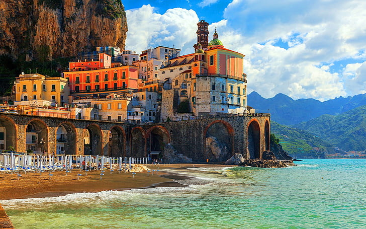 Positano, Amalfi, Italy, orange, brown and white animated illustration of house, HD wallpaper
