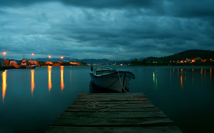 white motor boat and brown wooden dock, twilight, pier, mooring