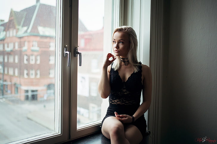 black dress, Alicja Sedzielewska, women, blonde, window sill