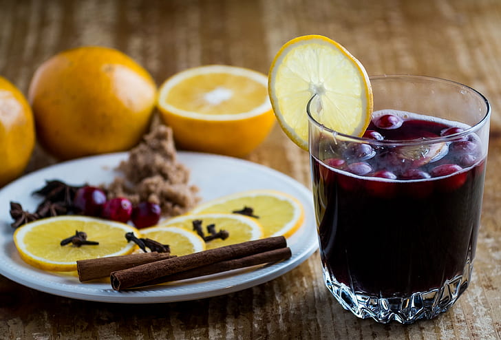 sliced orange on clear drinking glass, Mulled Wine, Red  wine, HD wallpaper