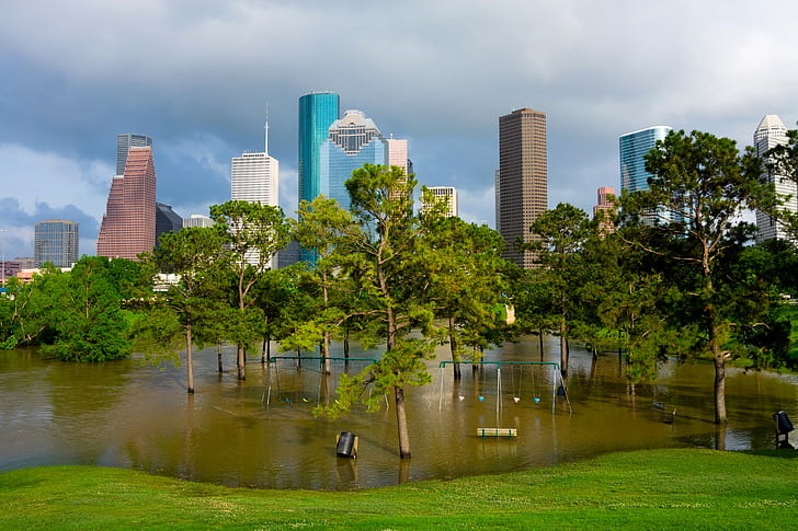 Houston, USA, water, trees, grass, lawn, benches, swing, flooded