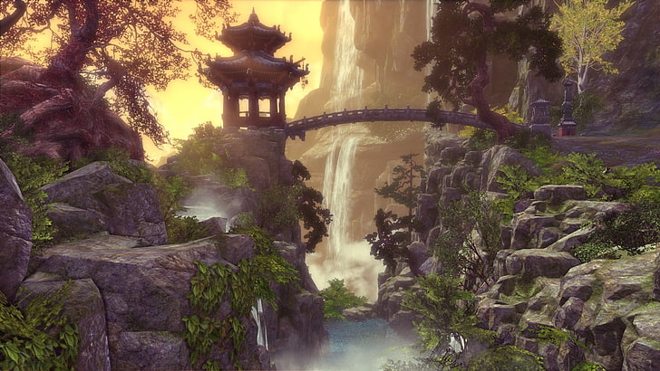 bridge on rock formation with gazebo wallpaper, PC gaming, Blade & Soul, HD wallpaper