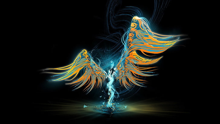 orange and green wings illustration, angel, lights, dark background