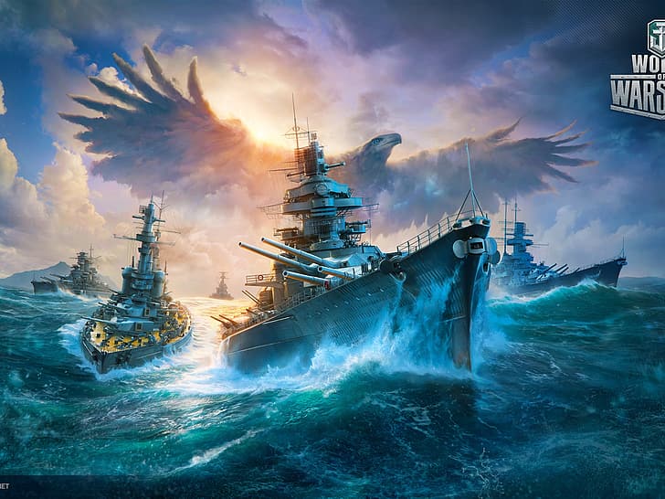 World of Warships, Battleship, eagle, ocean battle, HD wallpaper