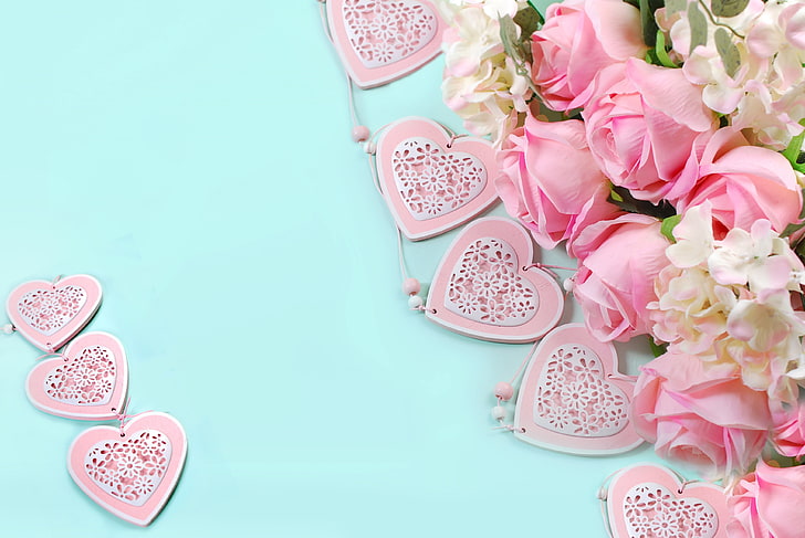 roses, hearts, love, pink, flowers, romantic, petals, pink roses, HD wallpaper