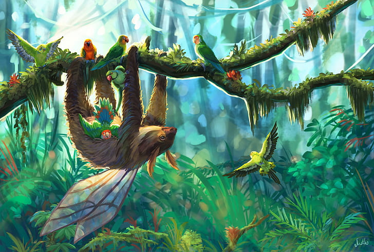 HD wallpaper: Fantasy Animals, Bird, Branch, Jungle, Parrot, Sloth |  Wallpaper Flare